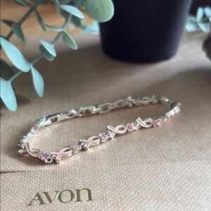 Breast Cancer Awareness Pink Ribbon Rhinestone Link Bracelet Avon Silver 7.5”